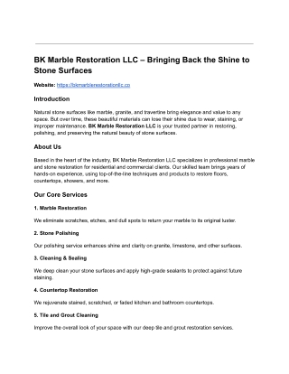 BK Marble Restoration LLC | Expert Marble & Stone Restoration Services