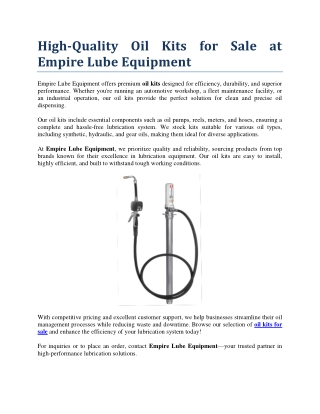 High Quality Oil Kits for Sale at Empire Lube Equipment