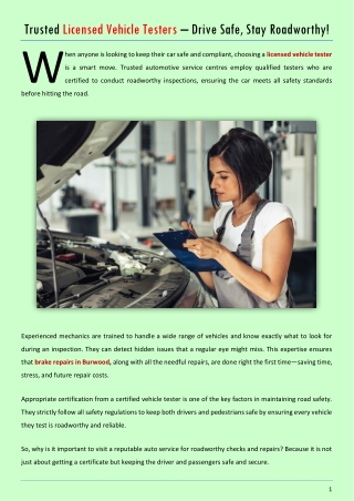 Trusted Licensed Vehicle Testers – Drive Safe, Stay Roadworthy!