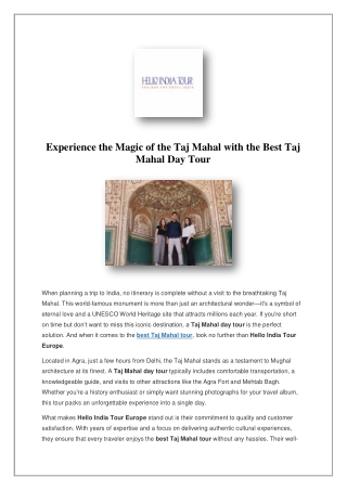 Best Taj Mahal Tour Europe | Hello India Tour