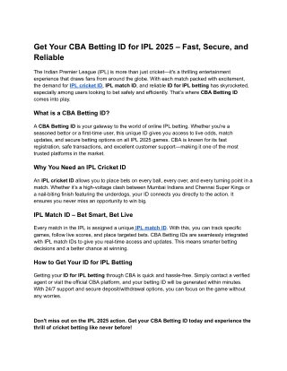 Get Your CBA Betting ID for IPL 2025 – Fast, Secure, and Reliable
