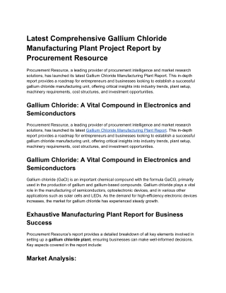 Latest Comprehensive Gallium Chloride Manufacturing Plant Project Report by Procurement Resource