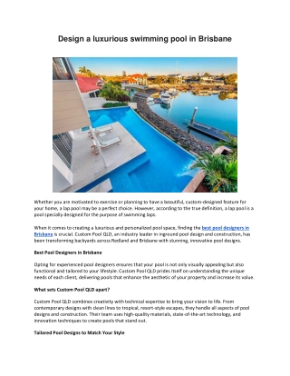 Design a luxurious swimming pool in Brisbane