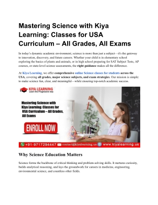 Mastering Science with Kiya Learning Classes for USA Curriculum – All Grades, All Exams