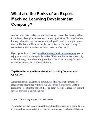 What are the Perks of an Expert Machine Learning Development Company?