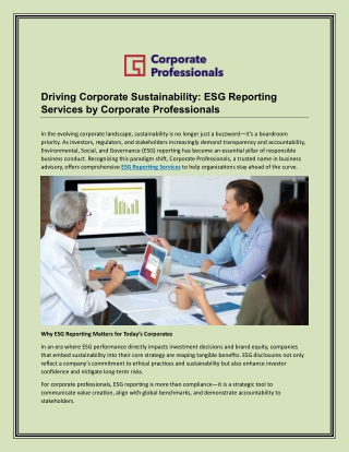 Driving Corporate Sustainability ESG Reporting Services by Corporate Professionals