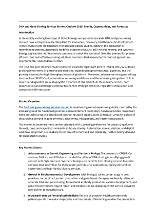 DNA and Gene Cloning Services Market Outlook 2025: Trends, Opportunities, and Fo