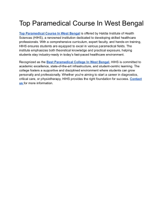 Top Paramedical Course In West Bengal