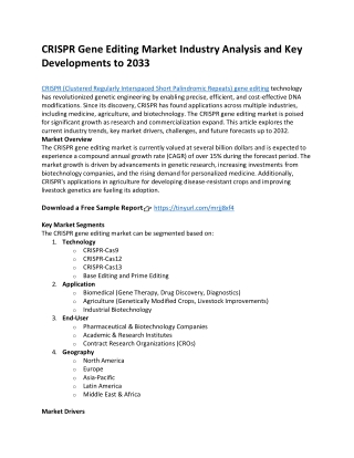 CRISPR Gene Editing Market Industry Analysis and Key Developments to 2033