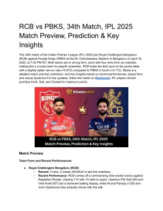 RCB vs PBKS, 34th Match, IPL 2025 Match Preview, Prediction & Key Insights