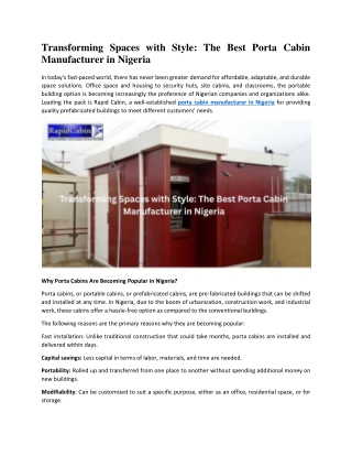 Transforming Spaces with Style: The Best Porta Cabin Manufacturer in Nigeria
