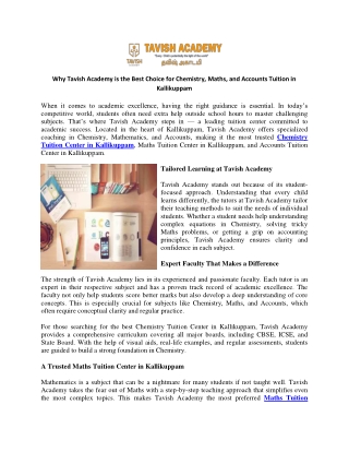 Why Tavish Academy is the Best Choice for Chemistry, Maths, and Accounts Tuition in Kallikuppam
