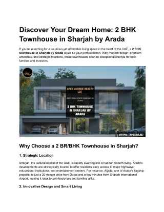 Invest in a 2 BHK Townhouse in Sharjah by Arada with Apex Avenue Realty