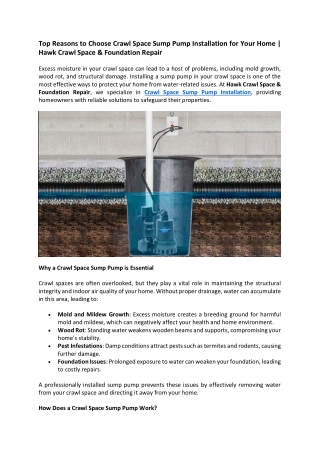 Top Reasons to Choose Crawl Space Sump Pump Installation for Your Home - Hawk Crawl Space & Foundation Repair