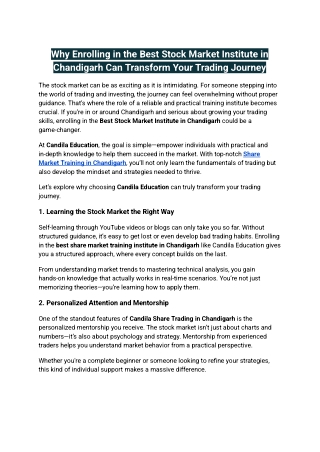 Why Enrolling in the Best Stock Market Institute in Chandigarh Can Transform Your Trading Journey
