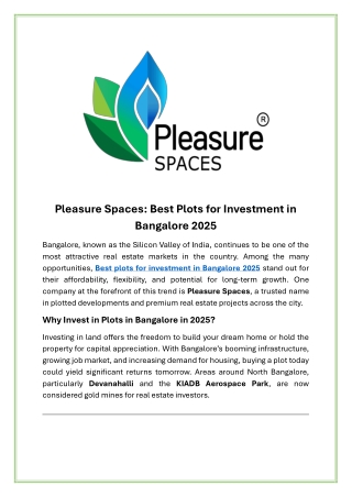 Pleasure Spaces Best Plots for Investment in Bangalore 2025