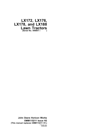 John Deere LX172 Lawn and Garden Tractors Operator’s Manual Instant Download (pin.040001-) (Publication No.OMM115211)