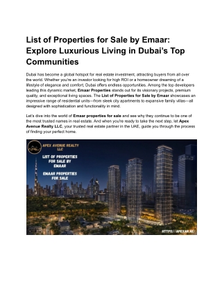 List of Properties for Sale by Emaar – Curated Luxury Homes in Dubai