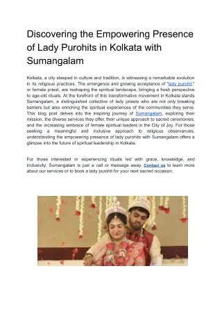 Discovering the Empowering Presence of Lady Purohits in Kolkata with Sumangalam