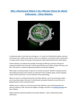 Why a Mechanical Watch is the Ultimate Choice for Watch Enthusiasts – Ethos Watc