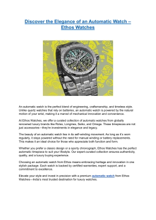 Discover the Elegance of an Automatic Watch – Ethos Watches