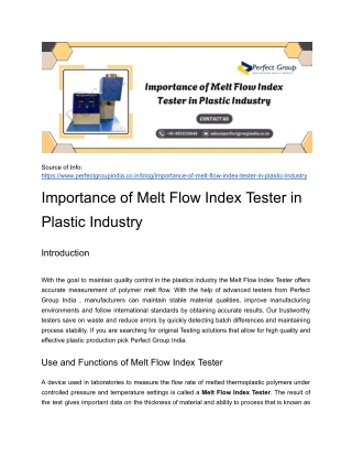 Importance of Melt Flow Index Tester in Plastic Industry