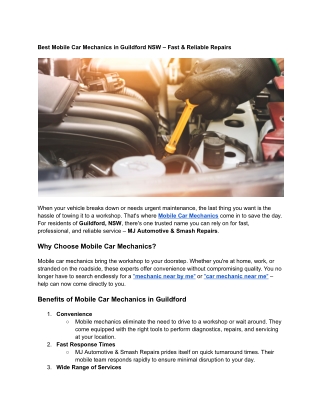 Best Mobile Car Mechanics in Guildford NSW – Fast & Reliable Repairs
