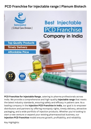 PCD Franchise for Injectable range | Plenum Biotech