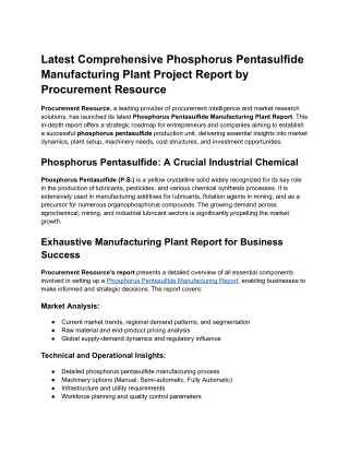 Latest Comprehensive Phosphorus Pentasulfide Manufacturing Plant Project Report by Procurement Resource