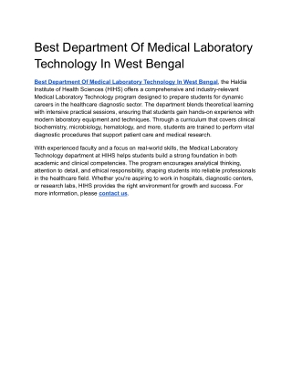 Best Department Of Medical Laboratory Technology In West Bengal