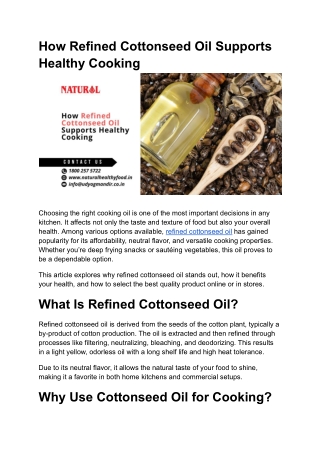 How Refined Cottonseed Oil Supports Healthy Cooking