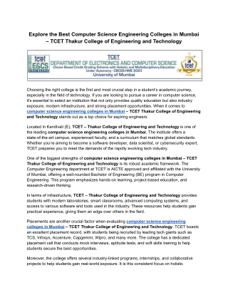 Explore the Best Computer Science Engineering Colleges in Mumbai – TCET Thakur College of Engineering and Technology