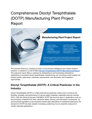 Comprehensive Dioctyl Terephthalate (DOTP) Manufacturing Plant Project Report