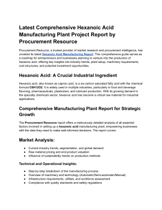 Latest Comprehensive Hexanoic Acid Manufacturing Plant Project Report by Procurement Resource