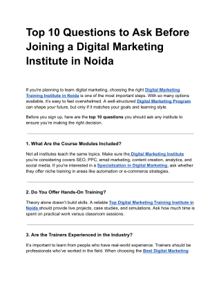 Top 10 Questions to Ask Before Joining a Digital Marketing Institute in Noida
