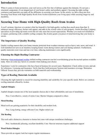 Securing Your Home with High-Quality Roofs from Avalon