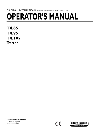 New Holland T4.85 T4.95 T4.105 Tractors Operator’s Manual Instant Download (Publication No.47435535)