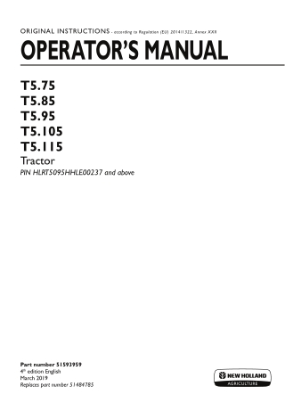 New Holland T5.75 T5.85 T5.95 T5.105 T5.115 Tractor (Pin.HLRT5095HHLE00237 and above) Operator’s Manual Instant Download