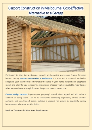 Carport Construction in Melbourne Cost-Effective Alternative to a Garage