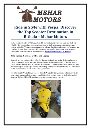 Top Vespa Scooter Dealers in Rithala – Mehar Motors
