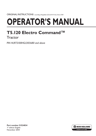 New Holland T5.120 Electro Command™ Tractor (Pin.HLRT5100GLO03680 and above) Operator’s Manual Instant Download (Publica