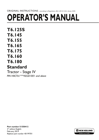 New Holland T6.125S T6.145 T6.155 T6.165 T6.175 T6.160 T6.180 Standard Stage IV Tractor (Pin.HACT61KEG01001 and above) O