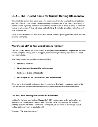 CBA – The Trusted Name for Cricket Betting IDs in India