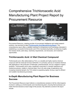 Comprehensive Trichloroacetic Acid Manufacturing Plant Project Report by Procurement Resource