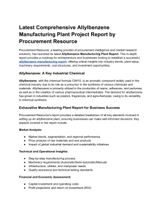 Latest Comprehensive Allylbenzene Manufacturing Plant Project Report by Procurement Resource