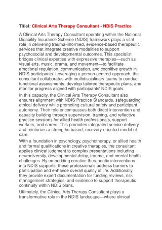 : Clinical Arts Therapy Consultant – NDIS Practice