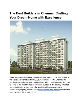 The Best Builders in Chennai: Crafting Your Dream Home with Excellence