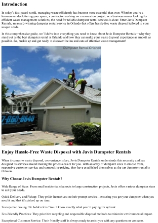 Enjoy Hassle-Free Waste Disposal with Javis Dumpster Rentals