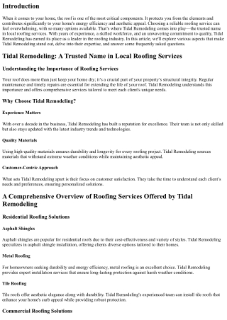 Tidal Remodeling: A Trusted Name in Local Roofing Services