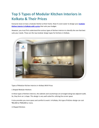Top 5 Types of Modular Kitchen Interiors in Kolkata and Their Prices